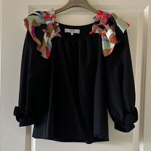 CROSBY by Mollie Burch Black Blouse with Colorful Ruffle Accents